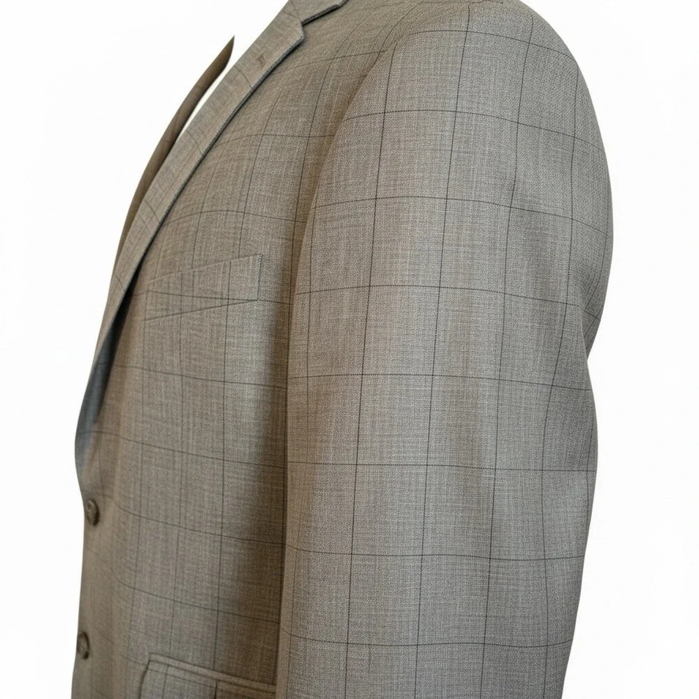 Jos A Bank Sport Coat Sz 46L Slim Beige Windowpane Plaid Silk Wool Linen Jacket